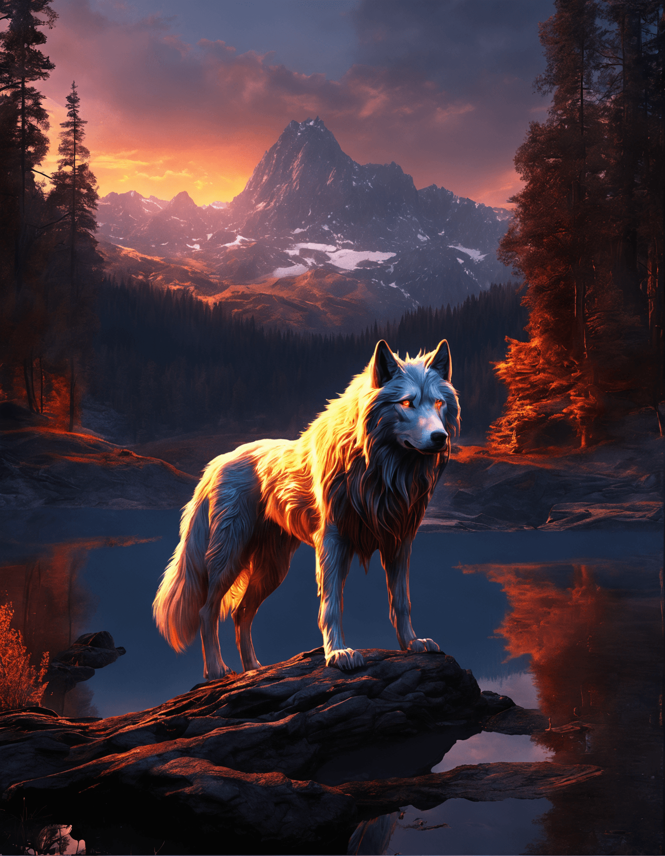 AI generated: Insanely beautiful (canine quadruped) that is glowing, thick golden mane, on two legs, translucent, ...
