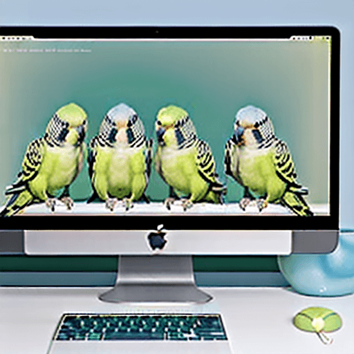 AI generated: 4 budgie parakeets, sitting on top of a mac monitor border edge. One budgie is all white, 2nd budge ...