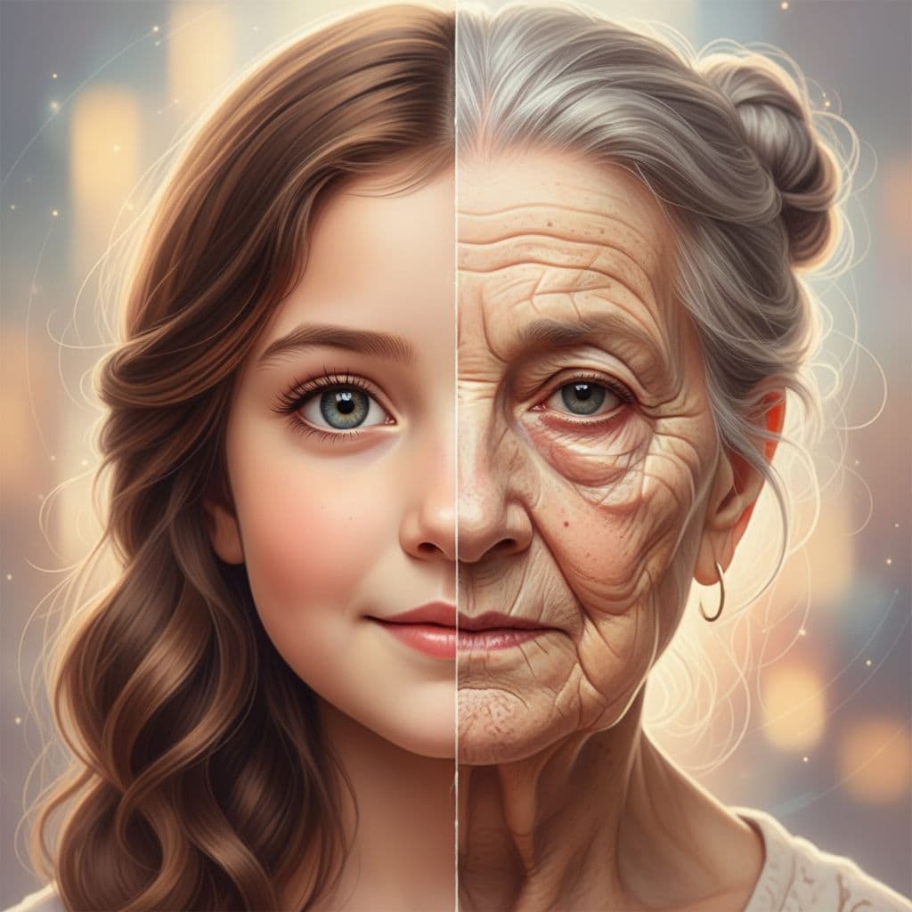 AI generated: A face, half young girls and half elderly people in their eighties --ar 4:5 --s 850 --niji 6