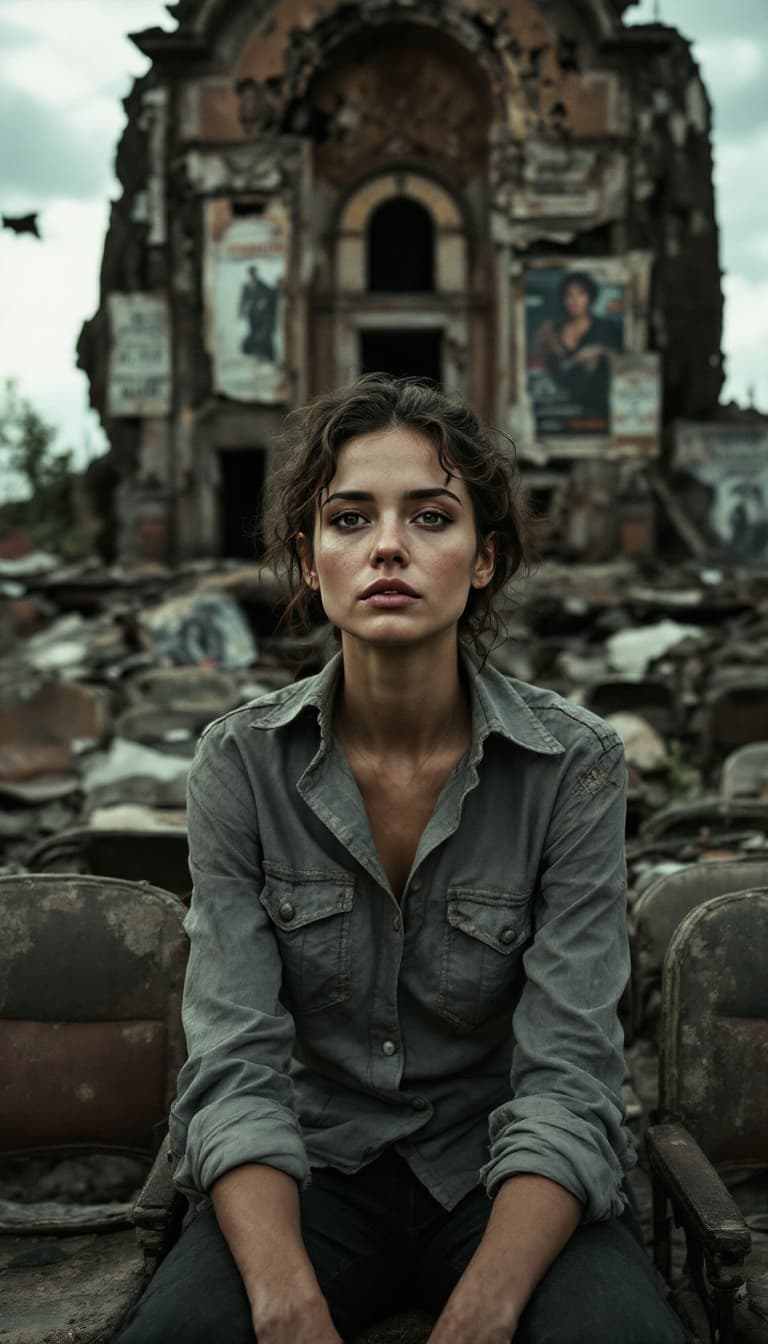 AI generated: A poignant, three-quarter portrait of a woman sitting in front of a decaying theater, surrounded by ...