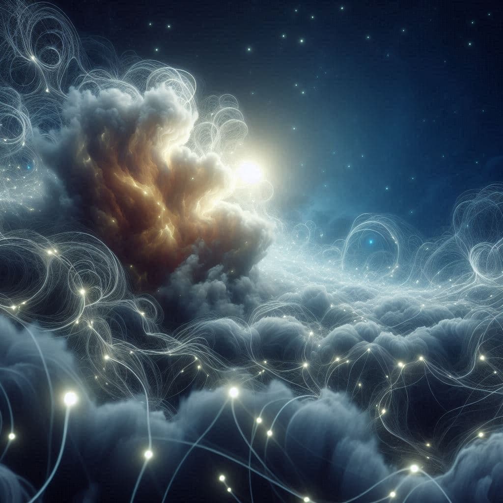 AI generated: In a barely visible foamlike maze glowing white filaments connect areas of concentrated fog