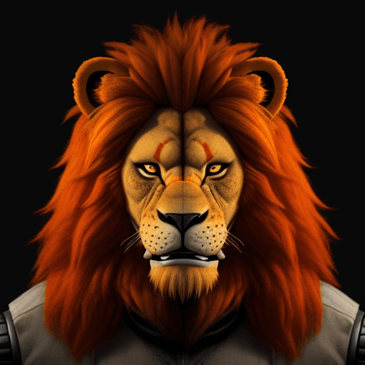 AI generated: A realistic Five Nights at Freddy's character that is an orange lion with a red mane.