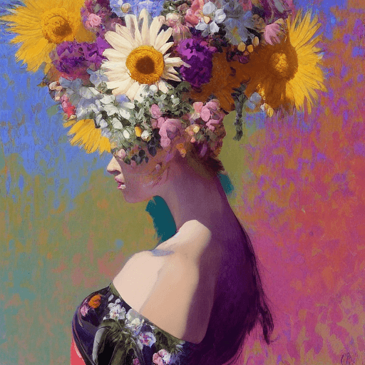 AI generated: commercial illustration of a woman dressed in flowers with flowers in her hair, in the style of artg...