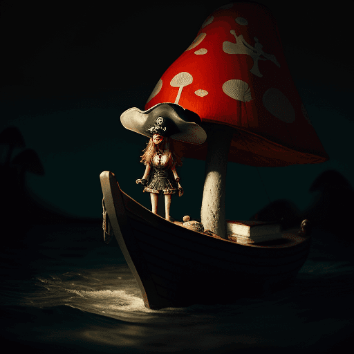 AI generated: nina finds her livingmushroom , - in a dark sailboat-setting pirate-style hyperrealistic hasselblatt...