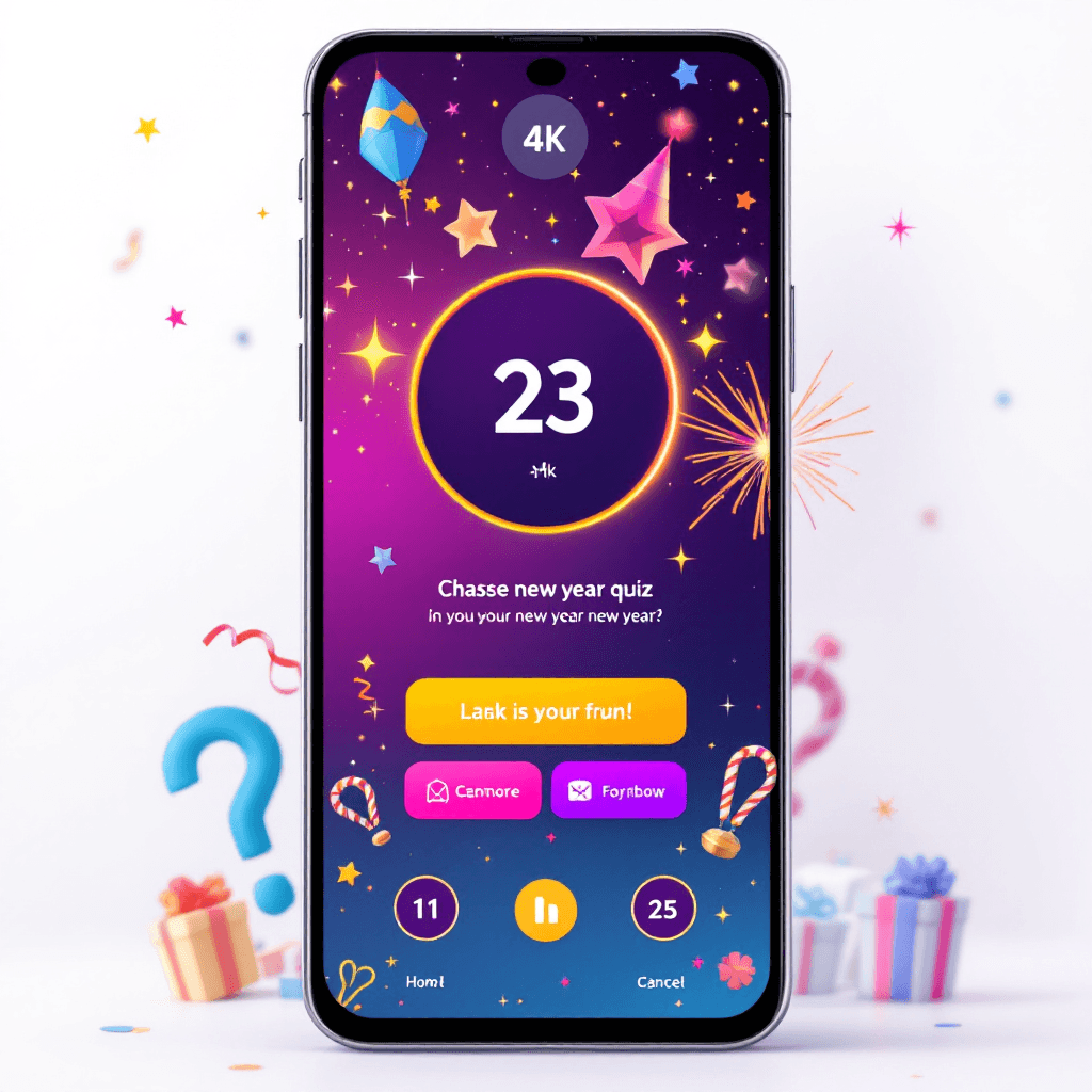 AI generated: New year party quiz game, mobile app, user interface, ui ux design, figma, hq, 4k, colorful, simple