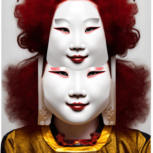 AI generated: Photo of a realistic red curly hair woman, wearing a Noh theatre mask called 'Manbi' in a black curt...