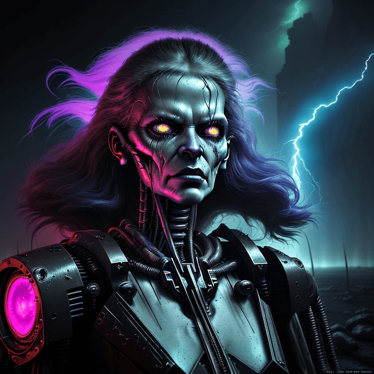 AI generated: a perfect Beautiful rugged female, flames, lightning, electomagnetic storm, retrowave synthwave cybo...