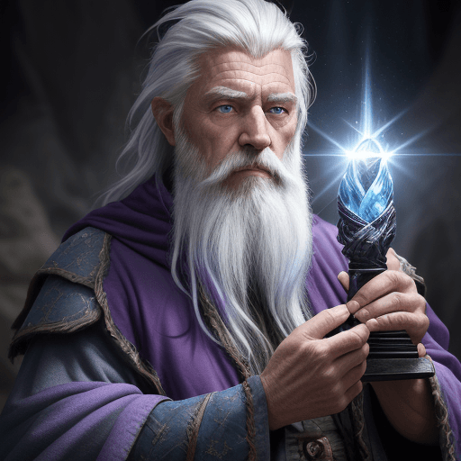 AI generated: award winning waist up photo of a rugged fantasy wizard, 8K, violet wizard, wearing torn wizard robe...