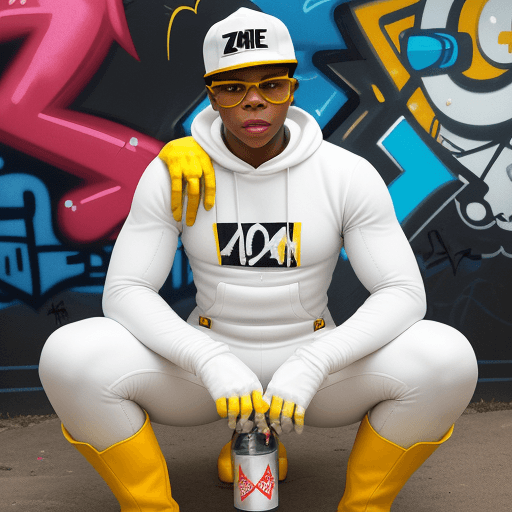 AI generated: JOHN BOYEGA IN A white SPANDEX SUIT, WITH YELLOW GLOVES AND BOOTS , SUNGLASSES AND RED BACKWARDS CAP...