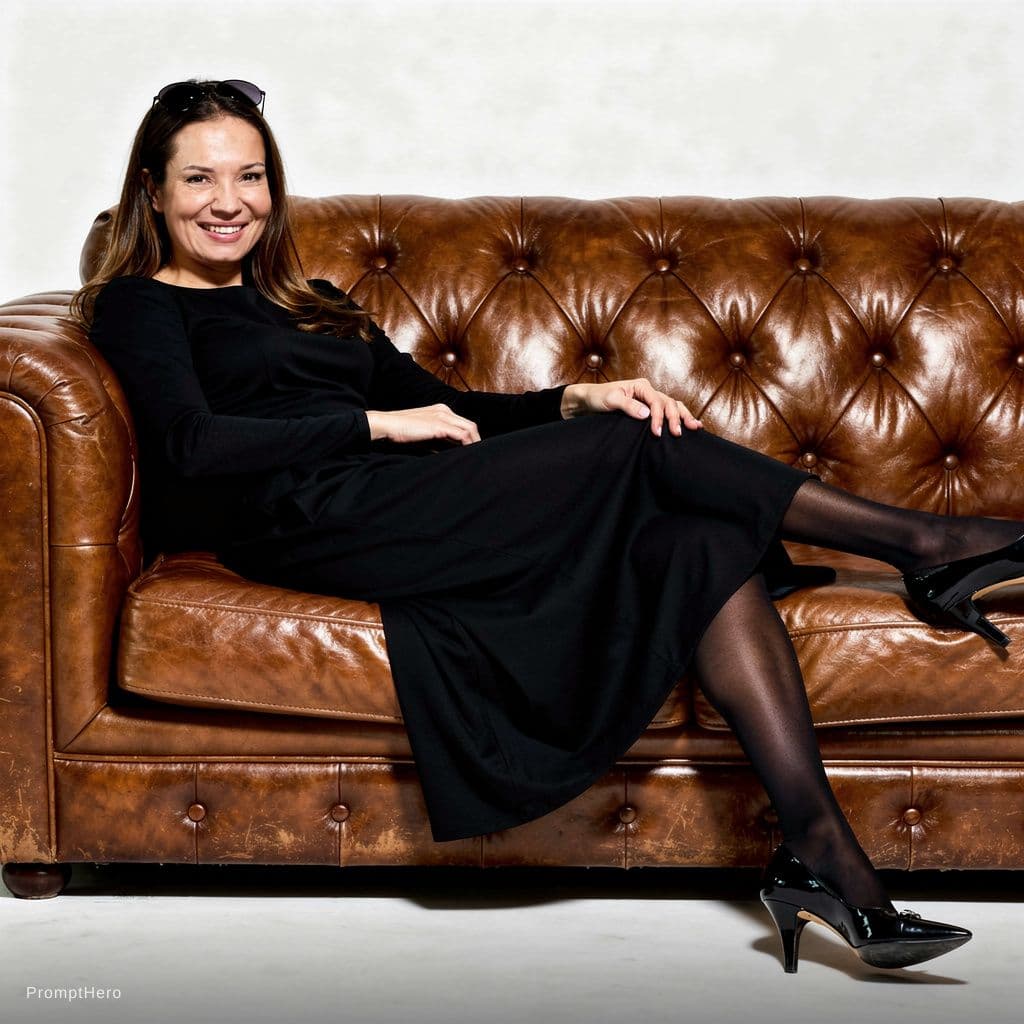 AI generated: A portrait,cinematic lighting,a woman lounging seductively on a rich brown tufted leather sofa.She w...