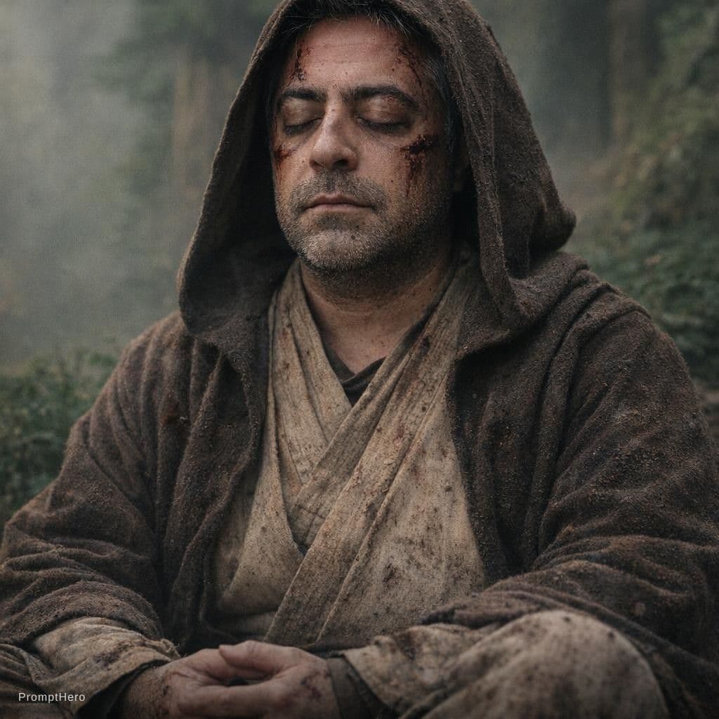 AI generated: A Jedi meditating after a battle in Endor, his skin shows fight wounds, his face is calm though tire...