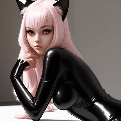 AI generated: beautiful cat human-like, she is dressed in a black latex outfit, she have beautiful light pink hair