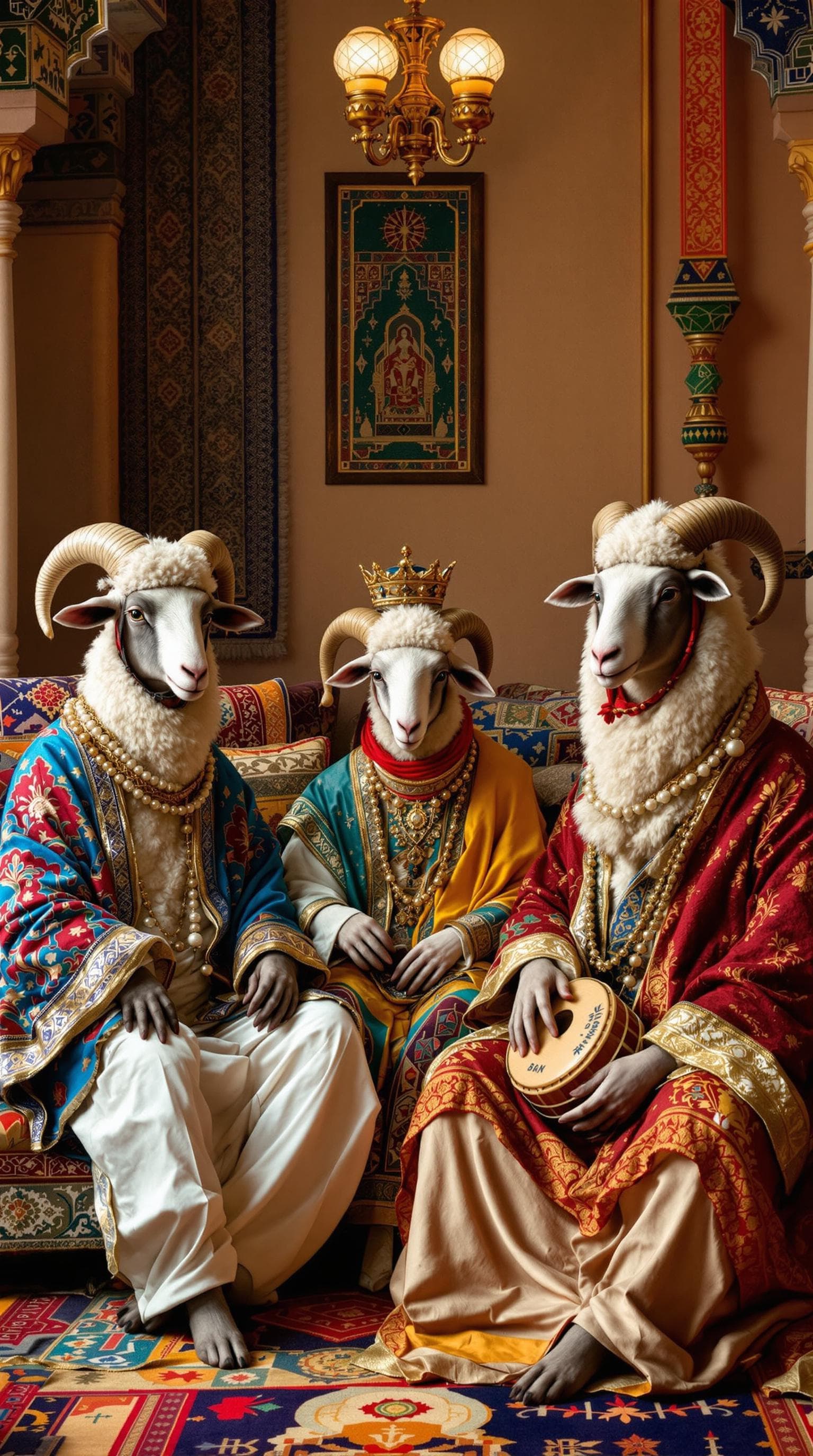 AI generated: ive anthropomorphic sheep dressed in  traditional Moroccan jabador, sitting in a Moroccan salon. The...