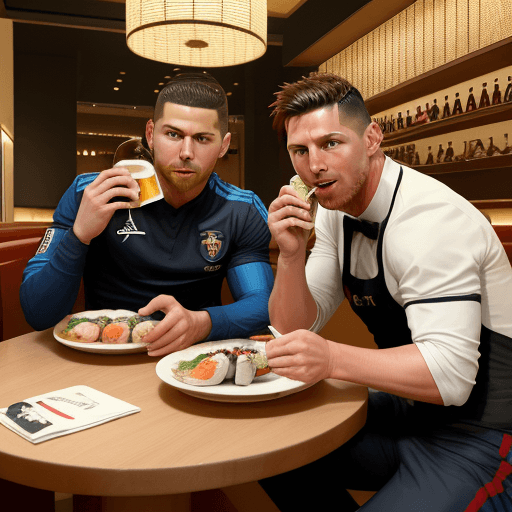 AI generated: Ronaldo and messi eating Sushi Realismus in a resturand with a Beer and Pizza and with portugal with...