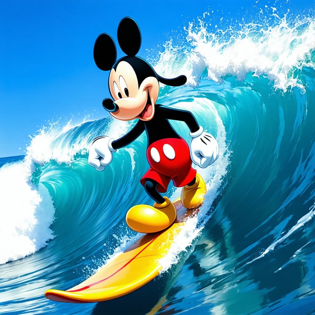AI generated: Goofy on a surfboard on a wave. Micky mouse cartoon style
