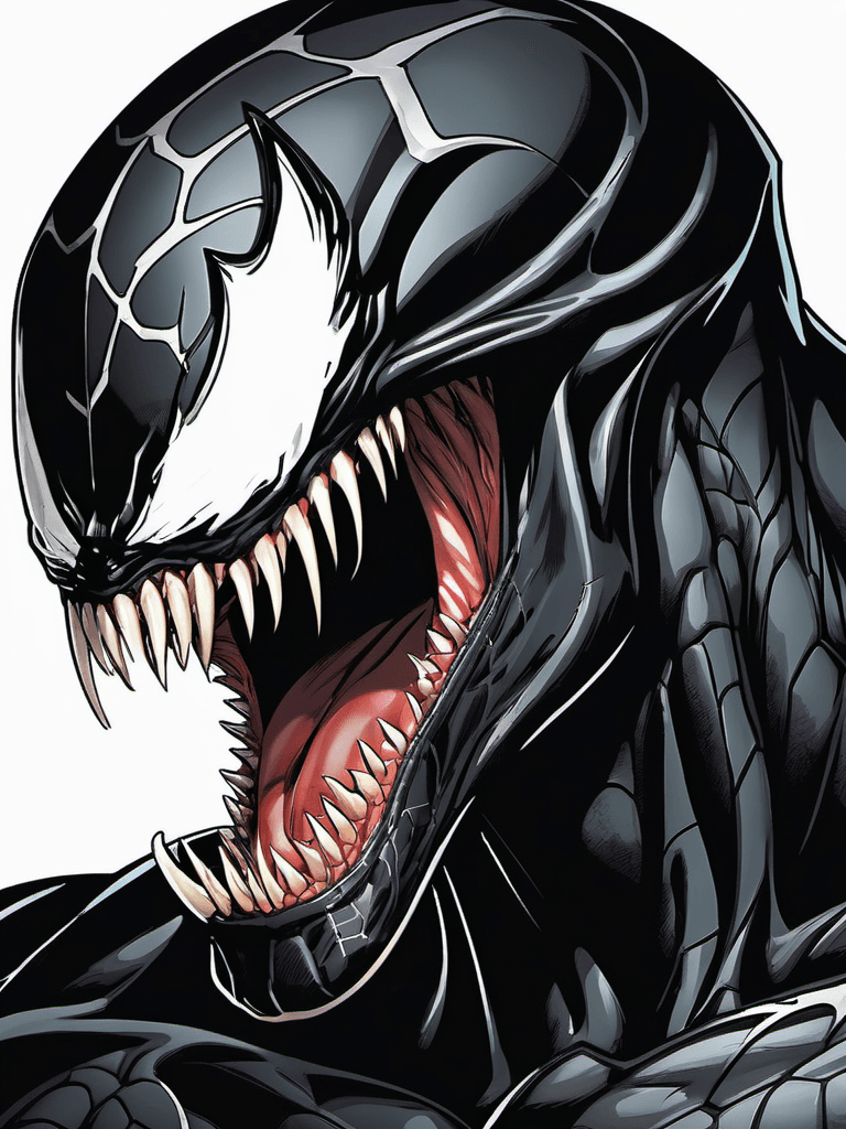 AI generated: Venom, imposing anti-hero, action pose, a sleek black symbiotic suit, a monstrous mouth full of shar...