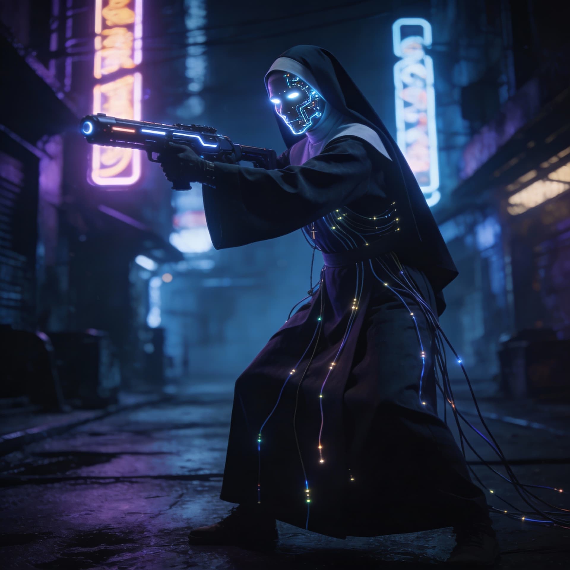 AI generated: Mysterious nun with glowing cybernetic implants on her face and body, wearing a traditional robe wit...