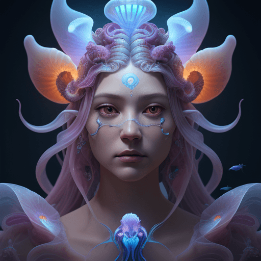 AI generated: Goddess close-up portrait ribcagel. jellyfish phoenix head, nautilus, orchid, skull, betta fish, bio...