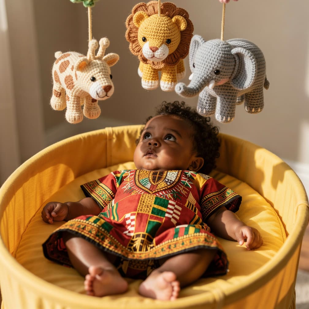 AI generated: full body view of a dark-brown-skinned baby girl wearing a kente sleeping gown is lying in a round y...