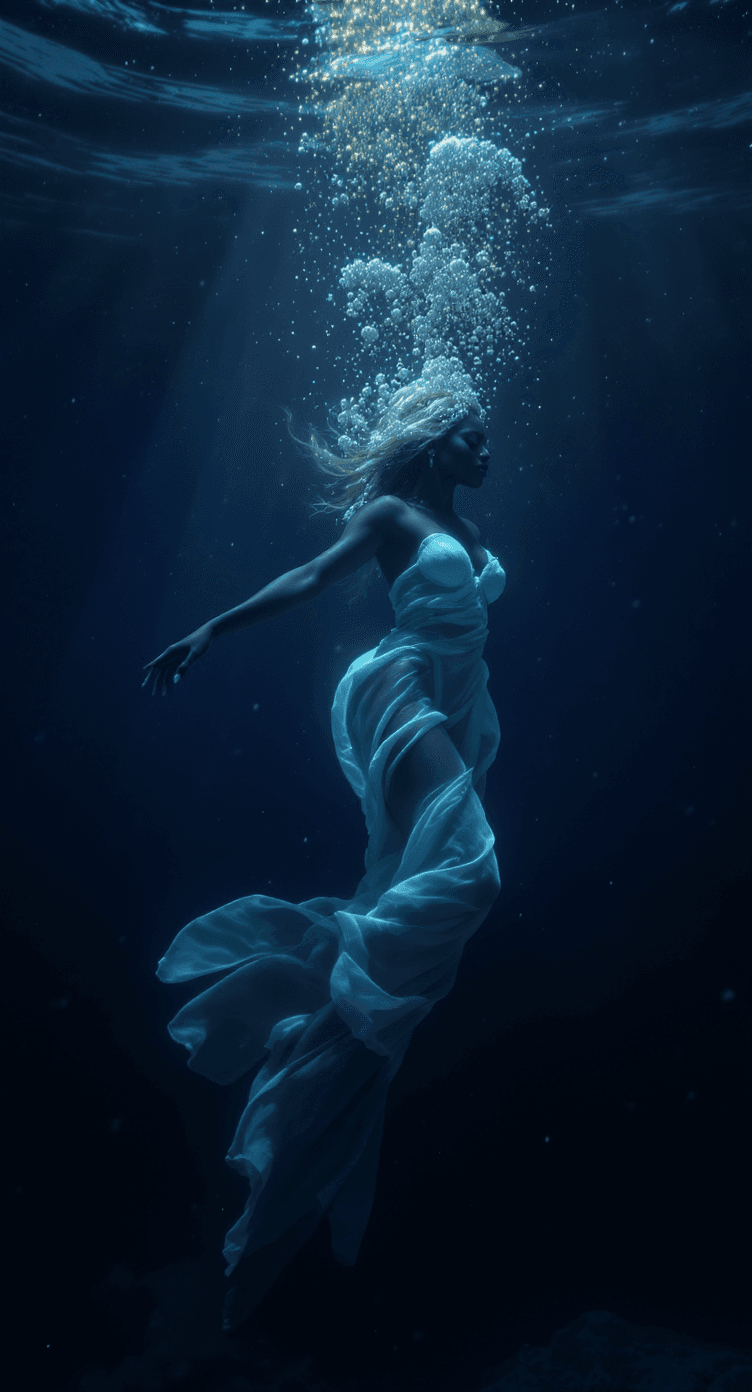 AI generated: Volumetric beams of light dance through the water, casting dynamic reflections. Realistic air bubble...