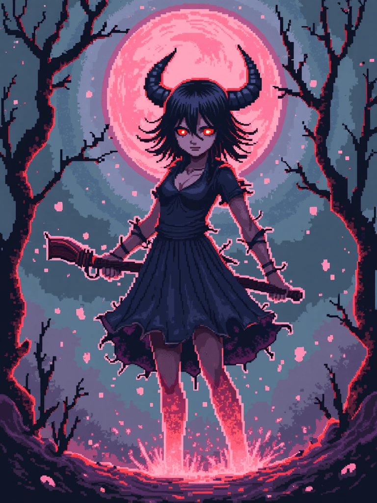 AI generated: A mesmerizing 64-bit pixel art animation featuring a sinister, dark-themed young girl named Hitrov. ...