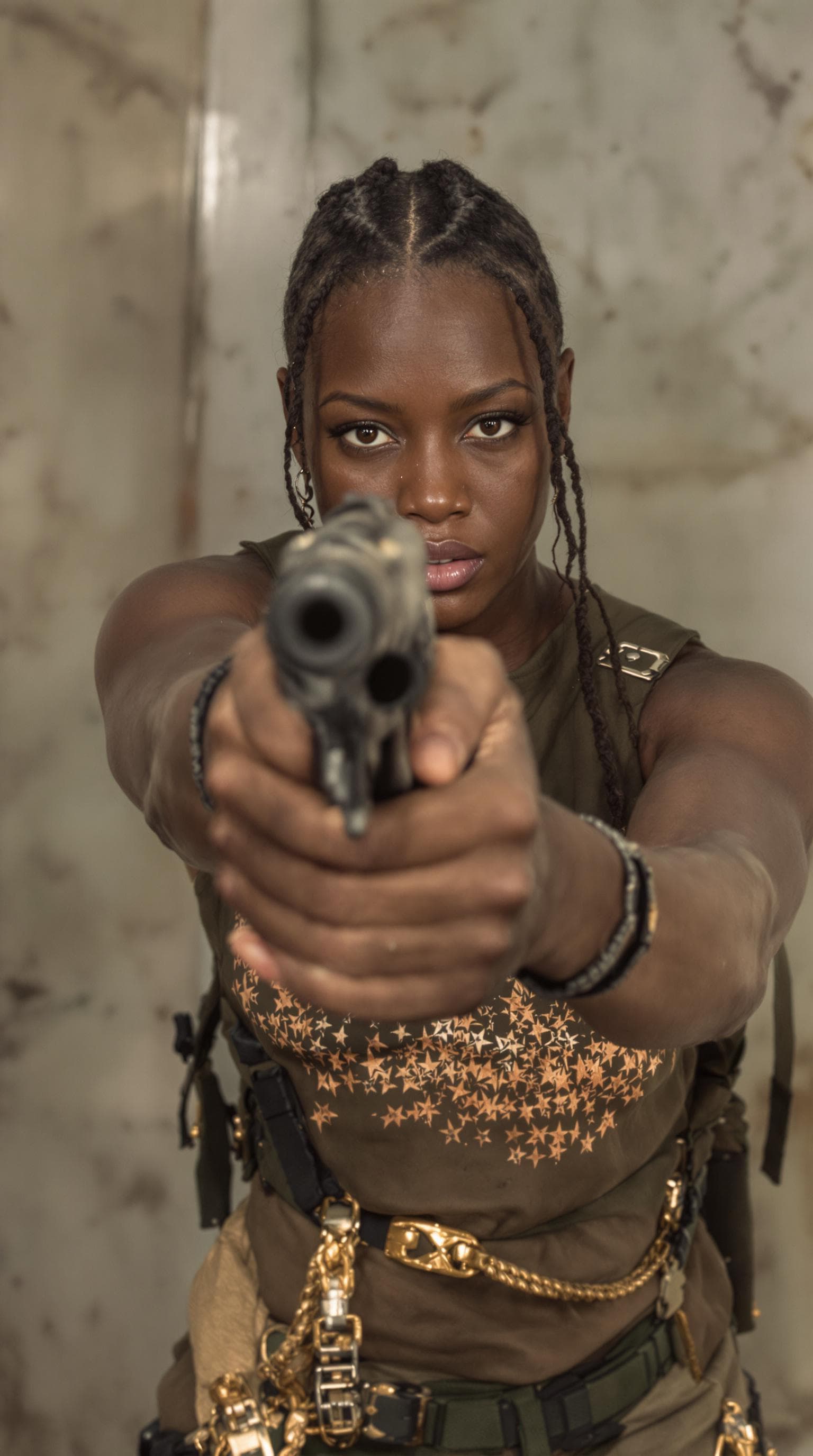 AI generated: African female marine, dirty skin, gunatyou, gun, aiming at viewer, holding gun, to8contrast style, ...