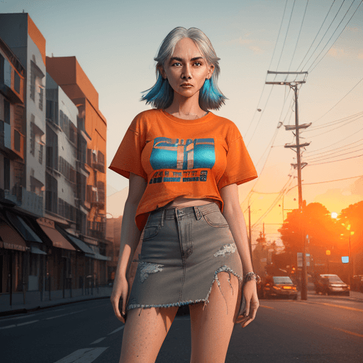 AI generated: a beautiful girl stands on the street in a denim skirt and an orange t-shirt with gray hair, best re...