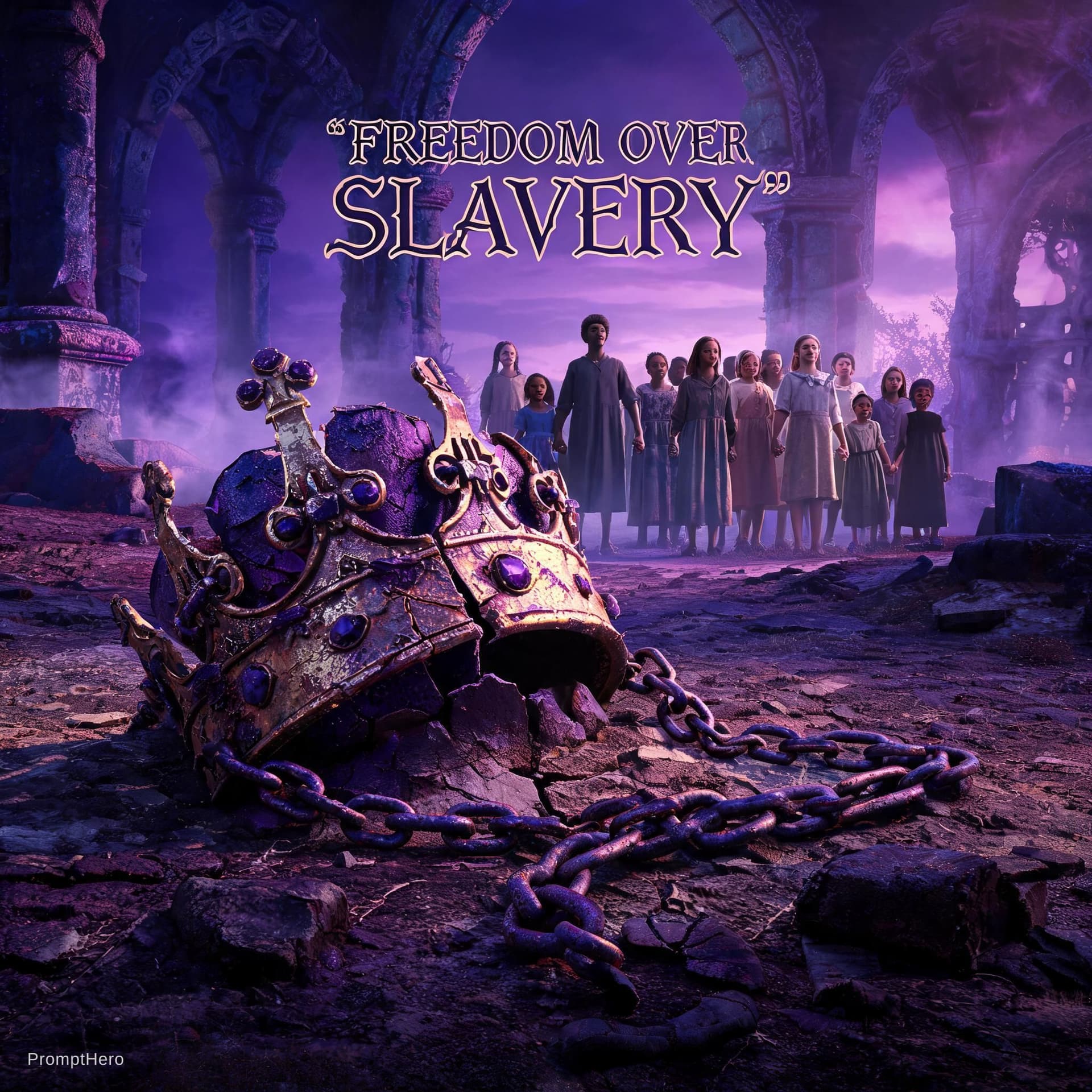 AI generated: Create an inspirational image about anti slavery and use a rustic elegant purple colors to present t...