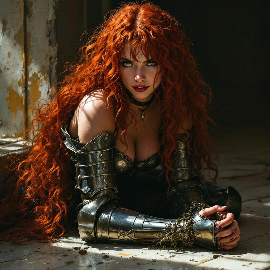 AI generated: red sonya bound and on the floor kneeling in her armor. there is a smirk of defiance on her face as ...