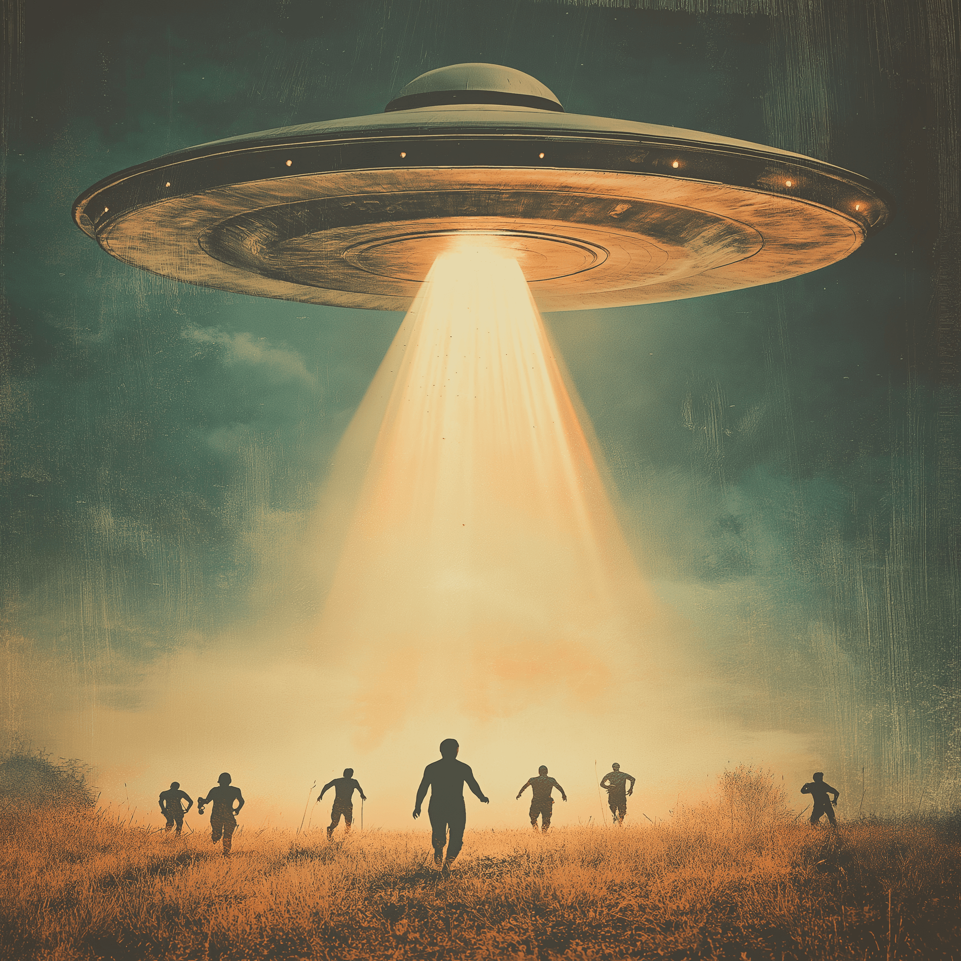 AI generated: A large flying saucer shines down light on people running around in the field, in the style of vinta...