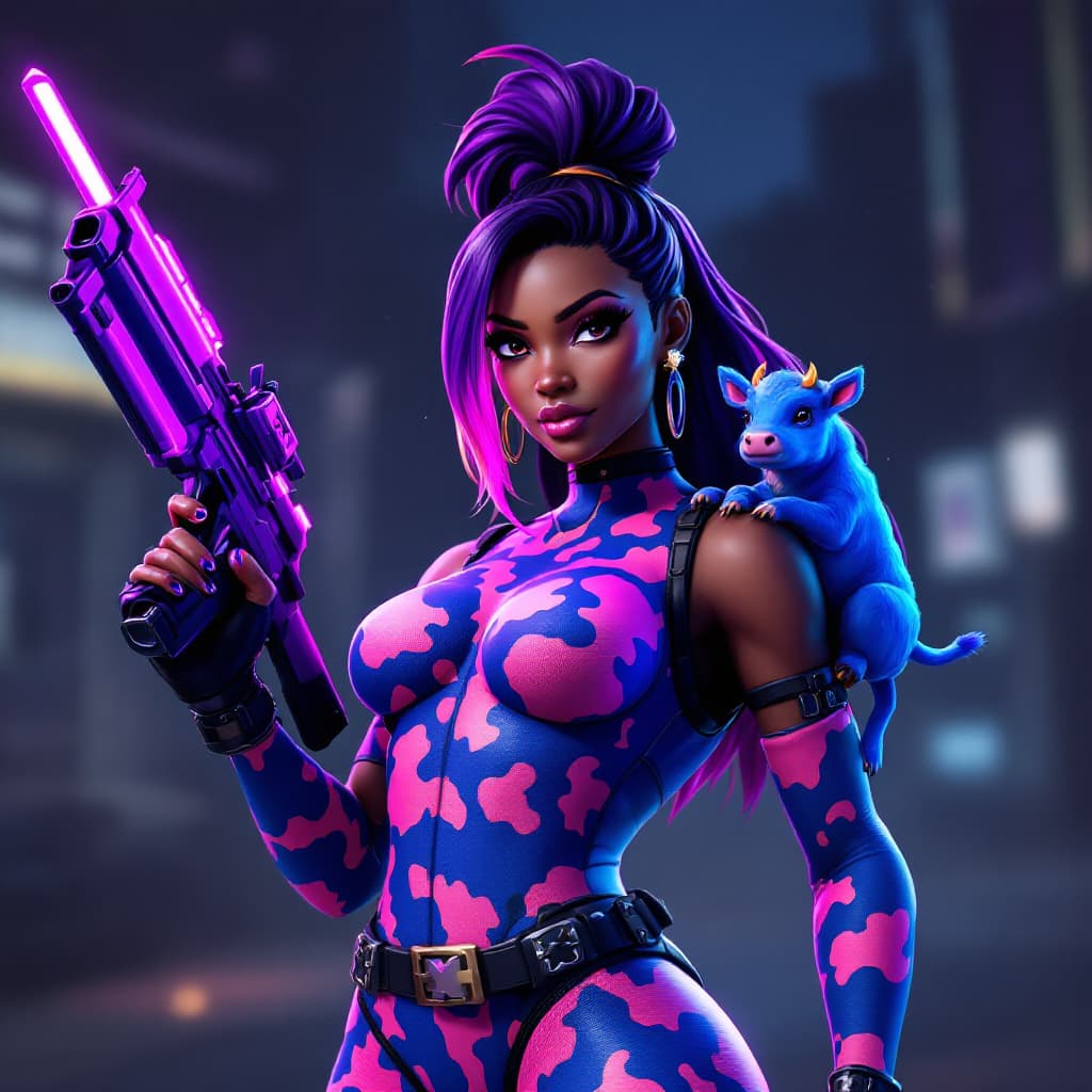 AI generated: Fortnite skin, fortnite battle royal, fortnite action scene, dark skin girl wearing blue and pink co...