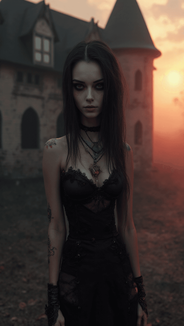 AI generated: Full-body shot of a young thin woman with black hair with gray strands, pale skin, black-painted eye...