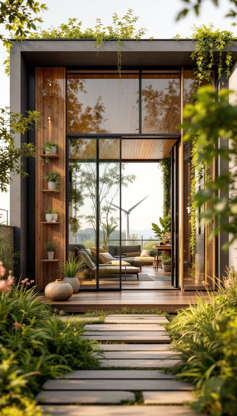 AI generated: Eco-friendly building, reclaimed wood accents, bamboo flooring, low-carbon concrete, green roofs, li...