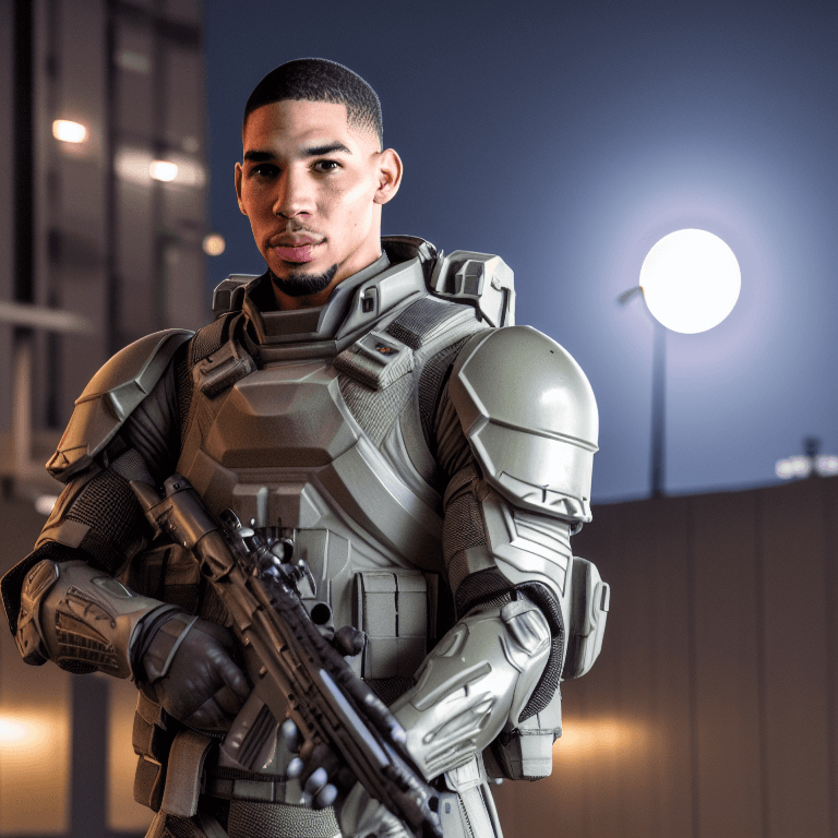 AI generated: photo, Jayson Tatum as a soldier character, anthropomorphic figure, wearing futuristic soldier armor...