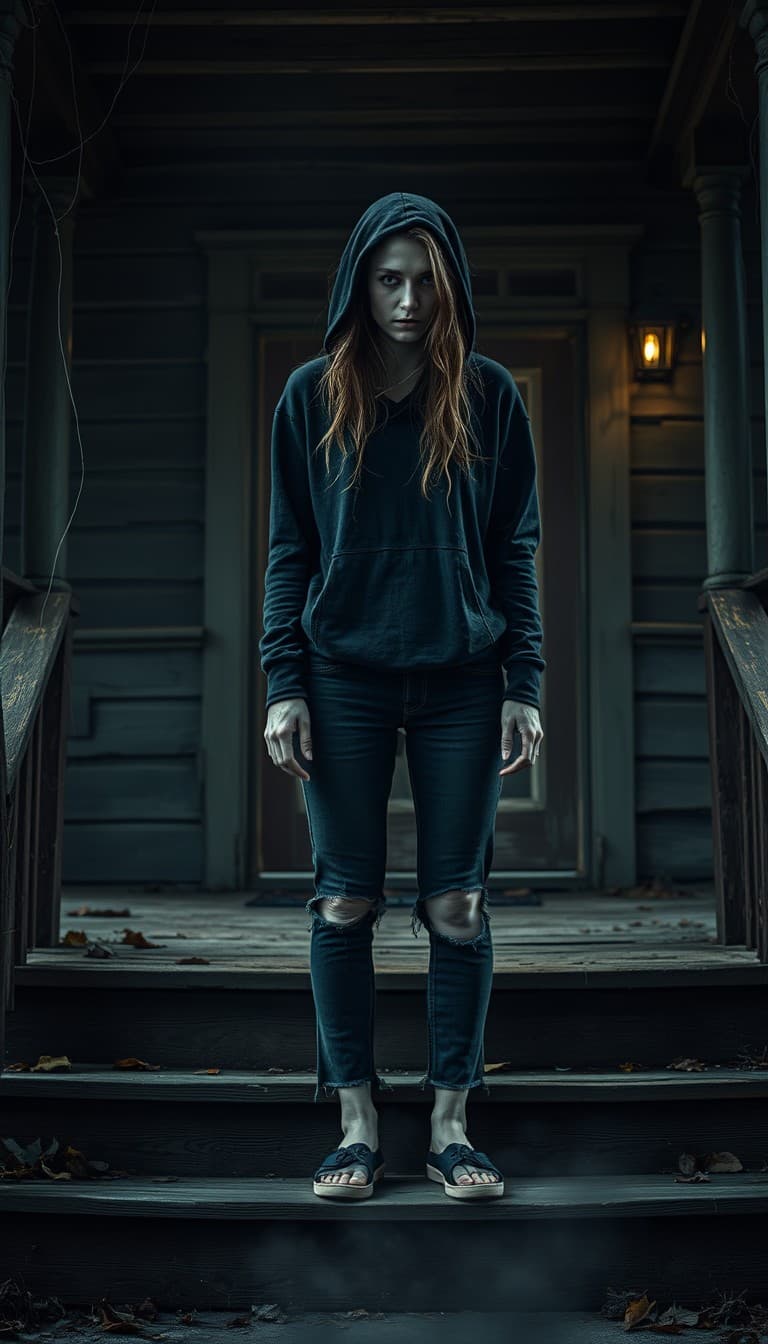 AI generated: On a creaky, dilapidated front porch of an old, weather-beaten house, a possessed younger woman stan...
