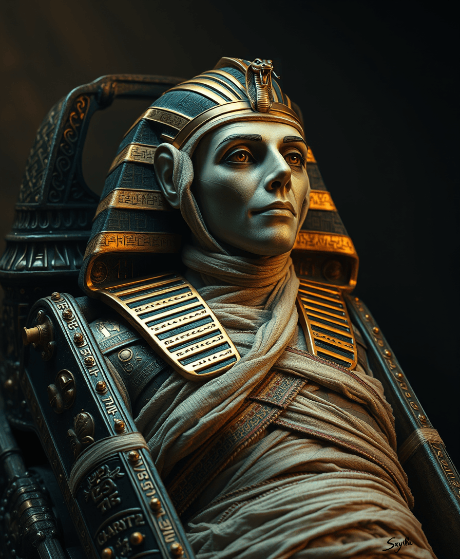 AI generated: A ornate, ancient Egyptian-style sphinx coffin with intricately carved light golden accents and hier...