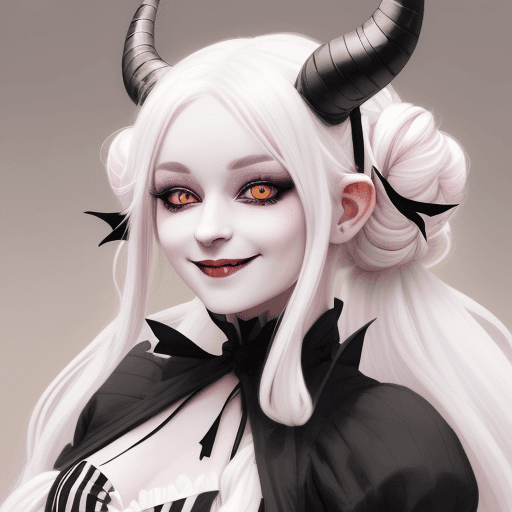 AI generated: YoungTiefling woman with a pastel dress, long white hair with two side buns and black stripes, and b...