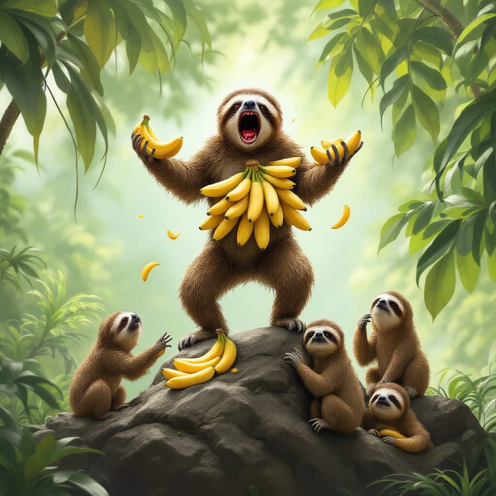 AI generated: create a stunning image of an anthropomorphic sloth who is in a rage and keeping all the bananas awa...