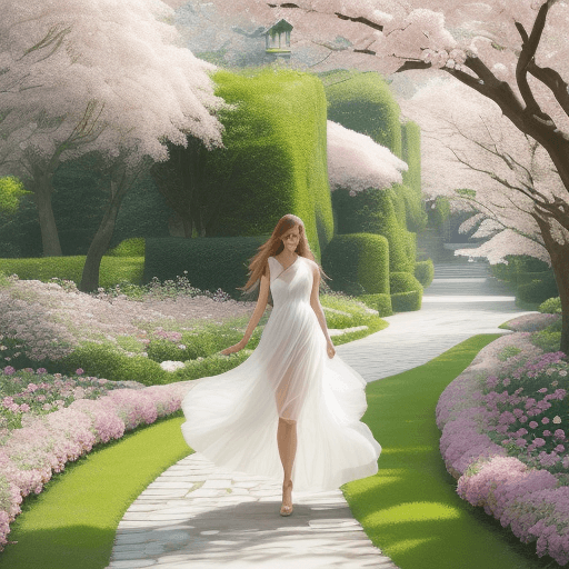 AI generated: A model wearing flowing, airy dress walking gracefully along a winding path in a lush garden surroun...