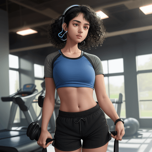 AI generated: a girl in gym clothes, curly black hair with a bluetooth headset, blue shirt and tight gray shorts, ...