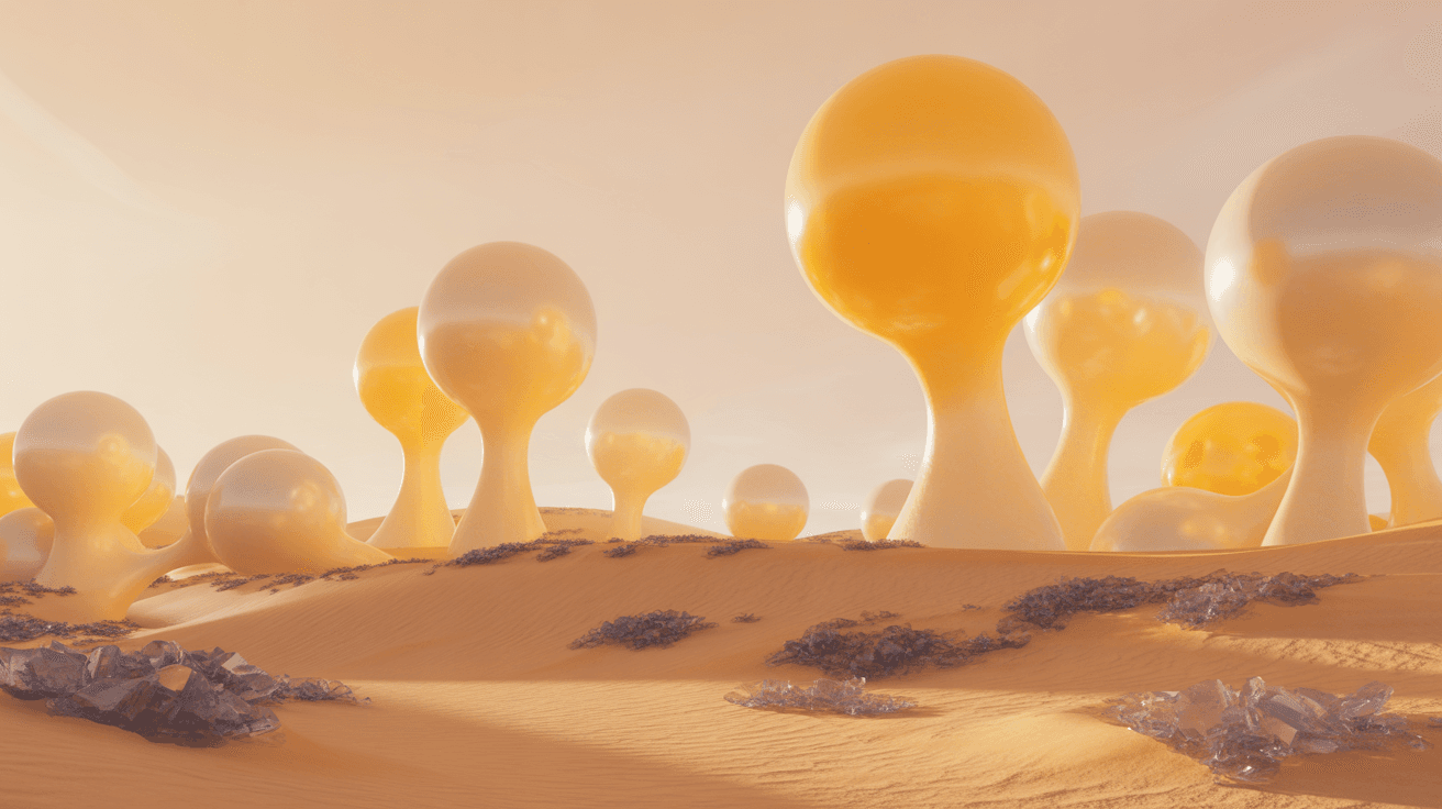 AI generated: create-a-surreal-desert-with-alien-plants-the-plants-are-shaped-like-canary_yellow_pearl-white