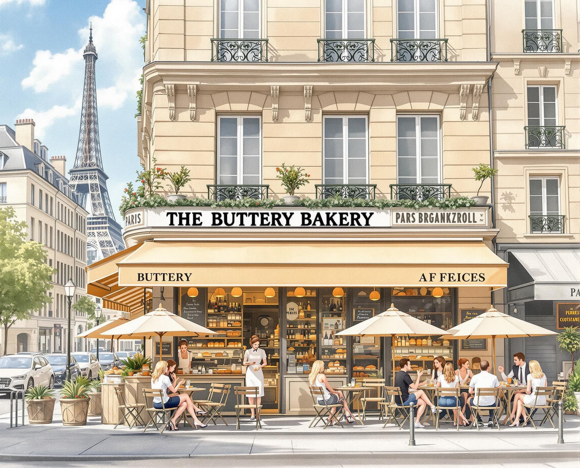 AI generated: The Buttery Bakery as if it’s being in the city of Paris between buildings, you can draw a watercolo...