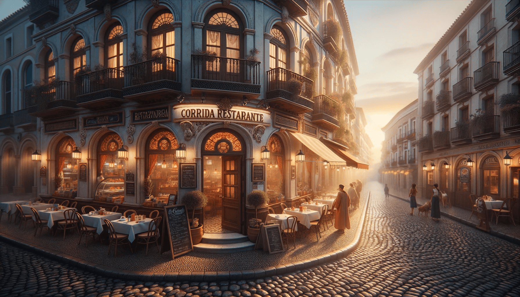 AI generated: Hyper-detailed 4K image of a town-square at dawn, where the centerpiece is the 'Corrida Restaurante'...