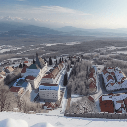 AI generated: mesto ktoré je vo vesmíre, budovy svietia každá inak, mesto stráži veľký žltočervený drak