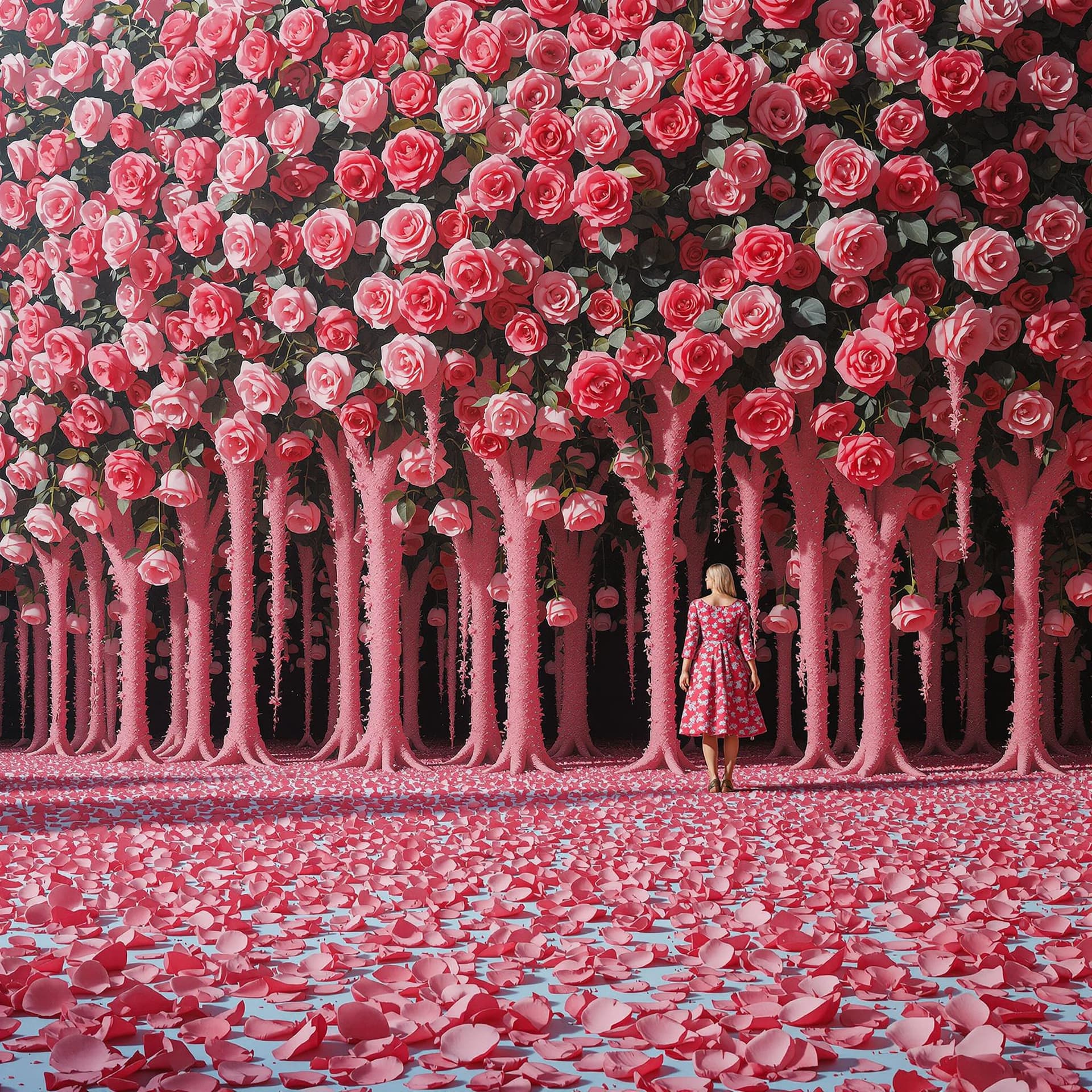 AI generated: A rose shines in front of an immense rose bush that creates a surreal wall of more roses, which bran...