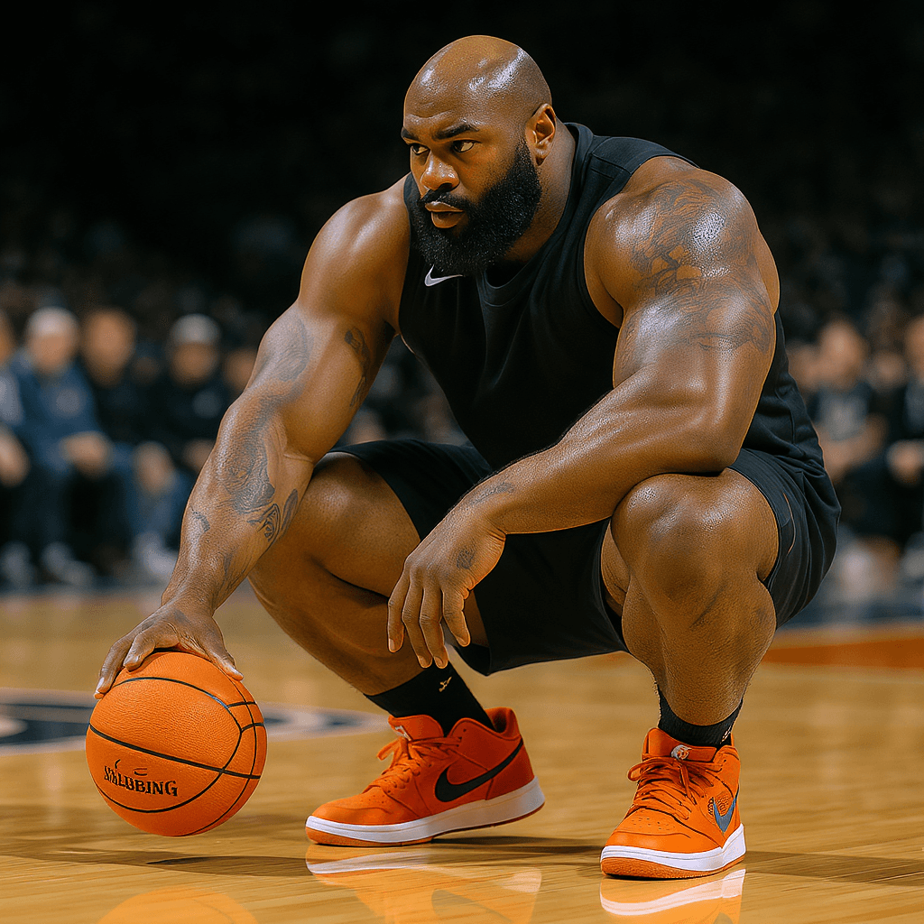 AI generated: Basketball player that is built like an NFL Linebacker and wears burnt orange lowtops.