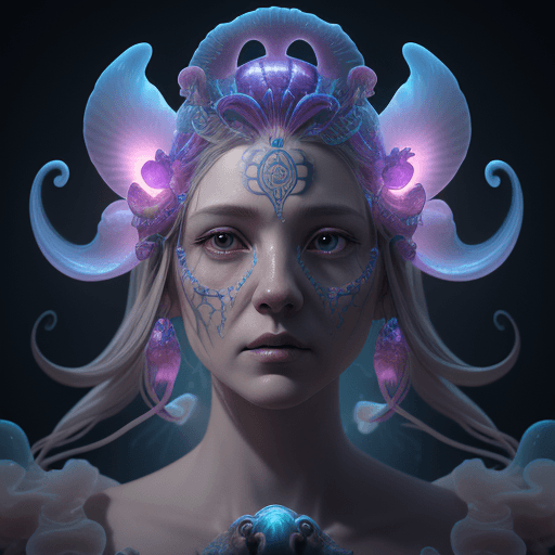 AI generated: Goddess close-up portrait ribcagel. jellyfish phoenix head, nautilus, orchid, skull, betta fish, bio...