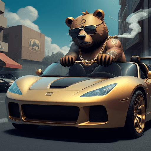 AI generated: gangster bear, smoking, on top of a sports car, with gold chains, dark glasses, tattoos, unhealthy n...