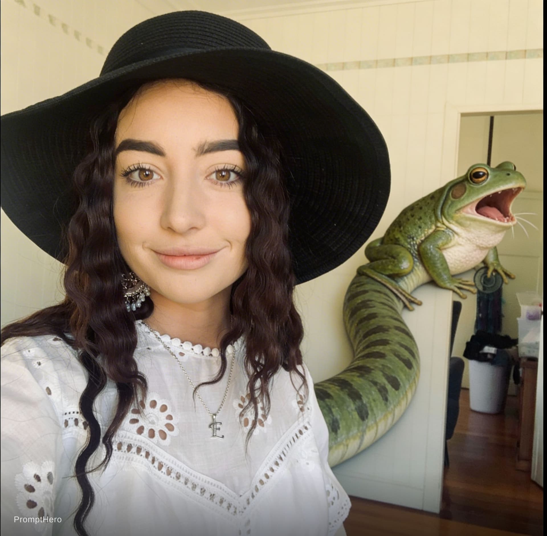 AI generated: A thirty metre long frog appears behind her, frog mouth open, she was smiling, frog's stomach was gr...