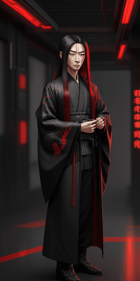 AI generated: an oriental boy in a black kimono showing some red long hair, in the style of cyberpunk dystopia, da...